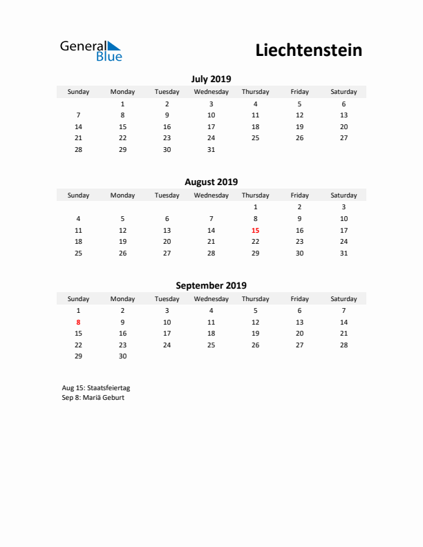 Printable Quarterly Calendar with Notes and Liechtenstein Holidays- Q3 of 2019