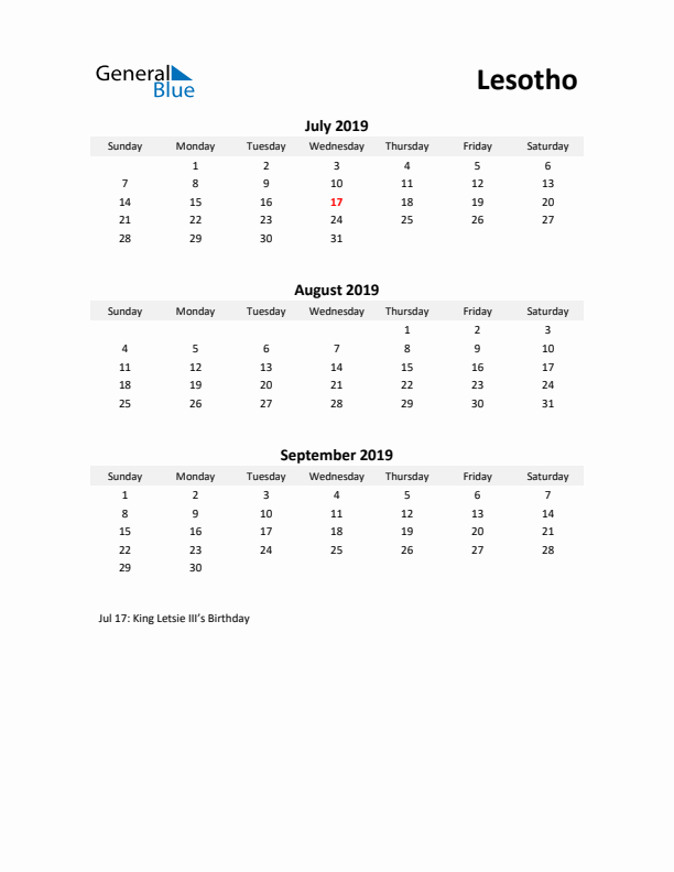 Printable Quarterly Calendar with Notes and Lesotho Holidays- Q3 of 2019