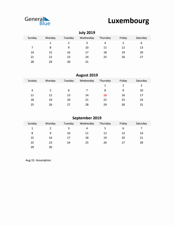 Printable Quarterly Calendar with Notes and Luxembourg Holidays- Q3 of 2019