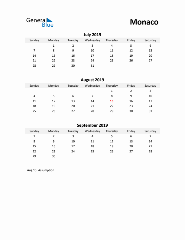 Printable Quarterly Calendar with Notes and Monaco Holidays- Q3 of 2019