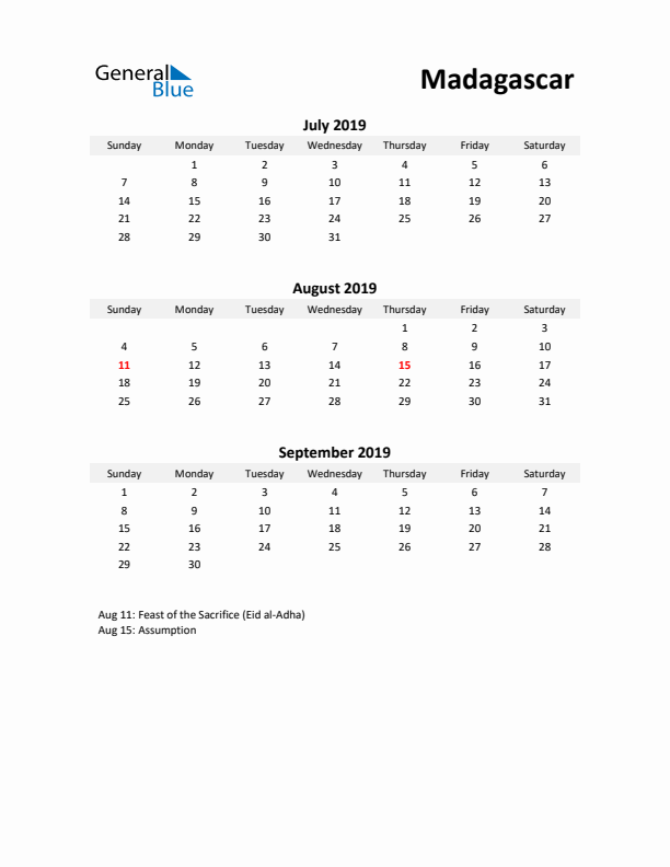 Printable Quarterly Calendar with Notes and Madagascar Holidays- Q3 of 2019