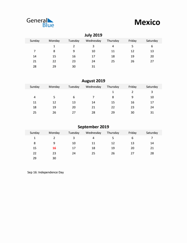 Printable Quarterly Calendar with Notes and Mexico Holidays- Q3 of 2019