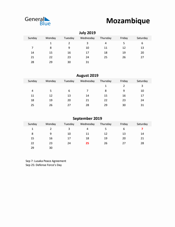 Printable Quarterly Calendar with Notes and Mozambique Holidays- Q3 of 2019