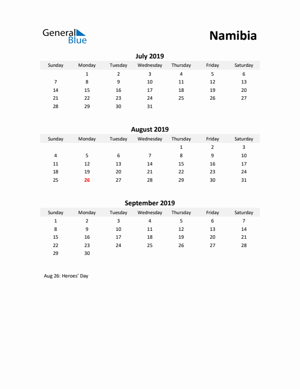 Printable Quarterly Calendar with Notes and Namibia Holidays- Q3 of 2019