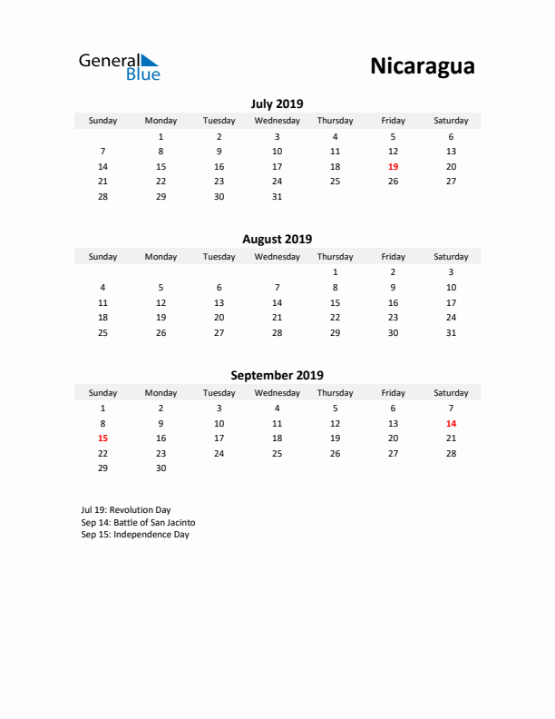 Printable Quarterly Calendar with Notes and Nicaragua Holidays- Q3 of 2019