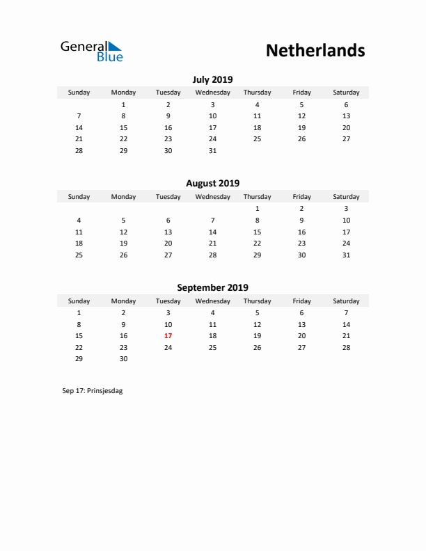 Printable Quarterly Calendar with Notes and The Netherlands Holidays- Q3 of 2019