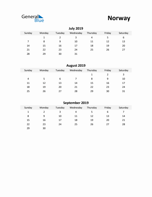 Printable Quarterly Calendar with Notes and Norway Holidays- Q3 of 2019