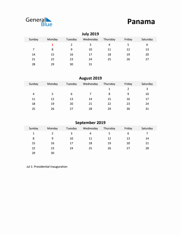 Printable Quarterly Calendar with Notes and Panama Holidays- Q3 of 2019