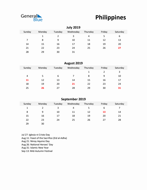 Printable Quarterly Calendar with Notes and Philippines Holidays- Q3 of 2019