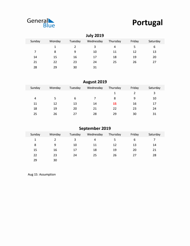 Printable Quarterly Calendar with Notes and Portugal Holidays- Q3 of 2019