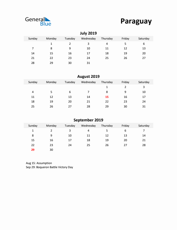 Printable Quarterly Calendar with Notes and Paraguay Holidays- Q3 of 2019