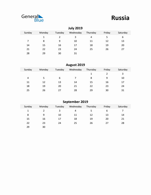 Printable Quarterly Calendar with Notes and Russia Holidays- Q3 of 2019