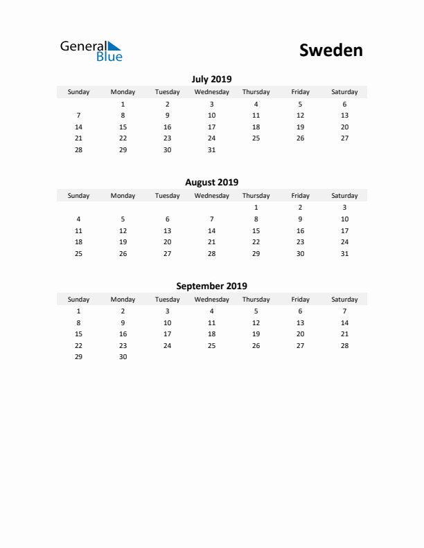 Printable Quarterly Calendar with Notes and Sweden Holidays- Q3 of 2019