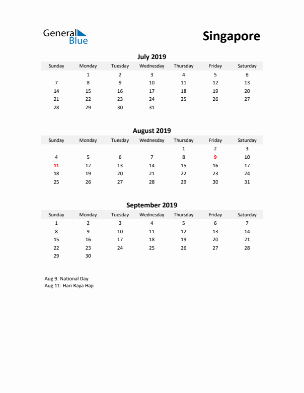 Printable Quarterly Calendar with Notes and Singapore Holidays- Q3 of 2019