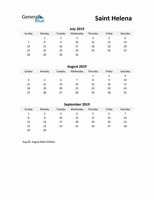 Printable Quarterly Calendar with Notes and Saint Helena Holidays- Q3 of 2019