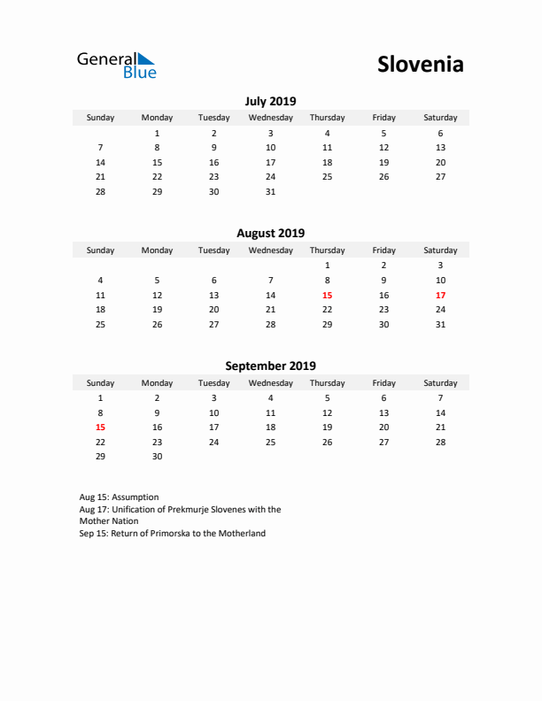 Printable Quarterly Calendar with Notes and Slovenia Holidays- Q3 of 2019