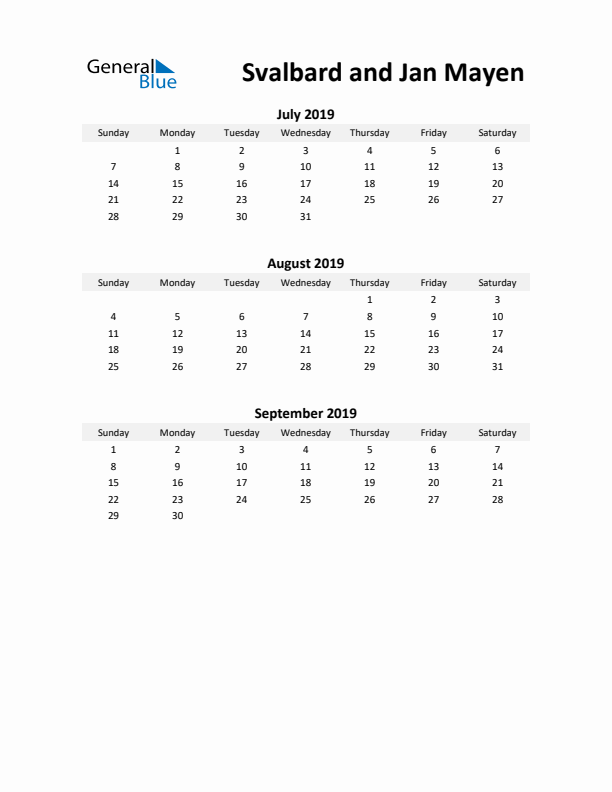 Printable Quarterly Calendar with Notes and Svalbard and Jan Mayen Holidays- Q3 of 2019