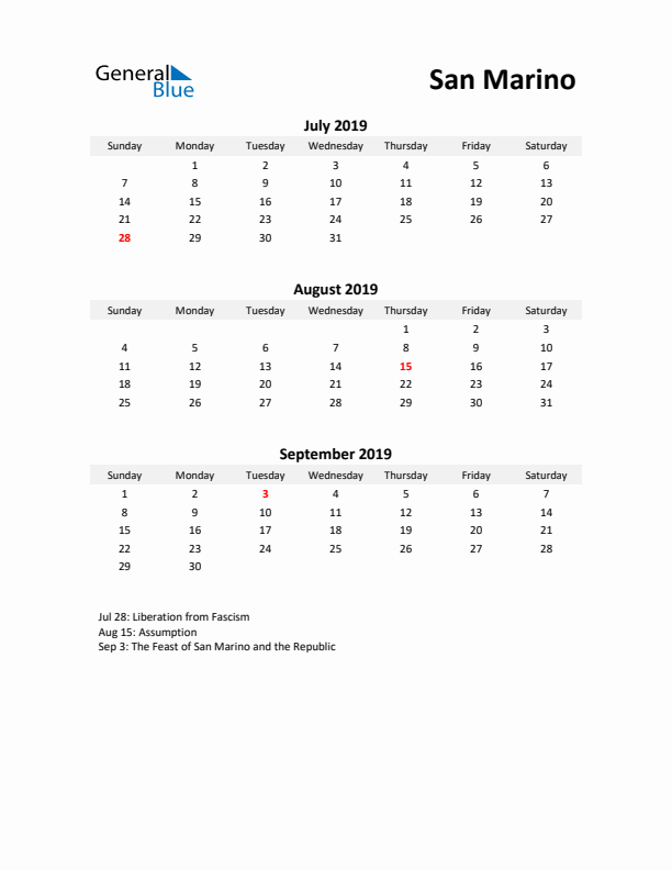 Printable Quarterly Calendar with Notes and San Marino Holidays- Q3 of 2019