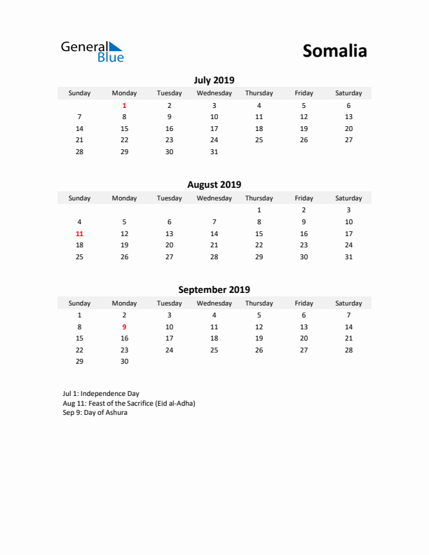 Printable Quarterly Calendar with Notes and Somalia Holidays- Q3 of 2019