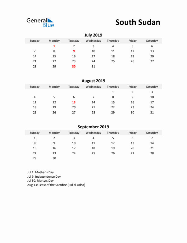 Printable Quarterly Calendar with Notes and South Sudan Holidays- Q3 of 2019