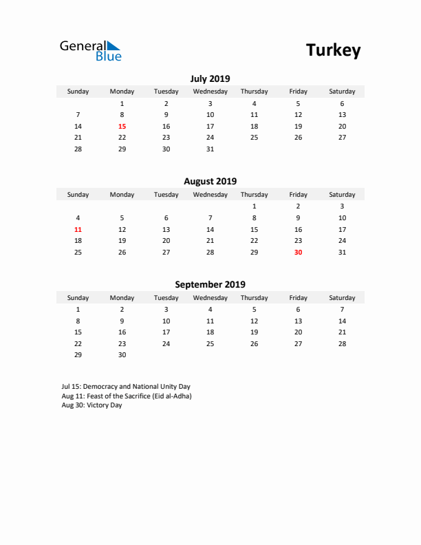 Printable Quarterly Calendar with Notes and Turkey Holidays- Q3 of 2019