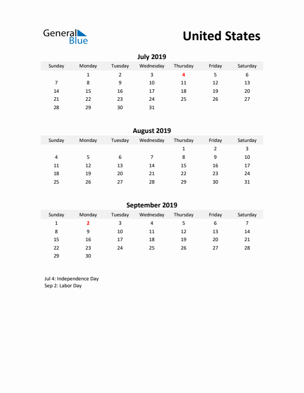 Printable Quarterly Calendar with Notes and United States Holidays- Q3 of 2019