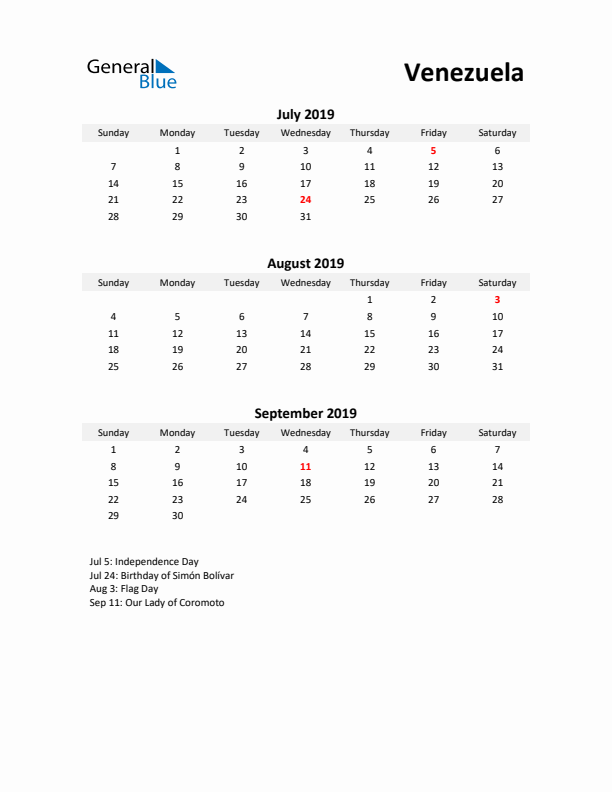 Printable Quarterly Calendar with Notes and Venezuela Holidays- Q3 of 2019