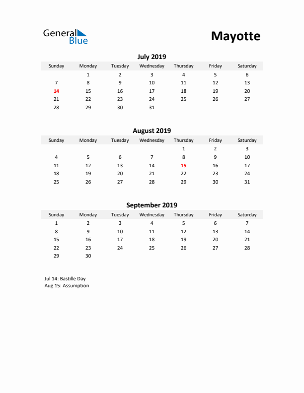 Printable Quarterly Calendar with Notes and Mayotte Holidays- Q3 of 2019