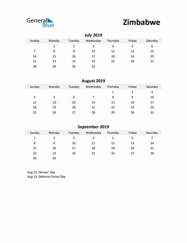 Printable Quarterly Calendar with Notes and Zimbabwe Holidays- Q3 of 2019