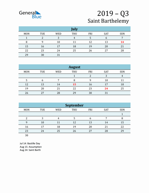 Three-Month Planner for Q3 2019 with Holidays - Saint Barthelemy