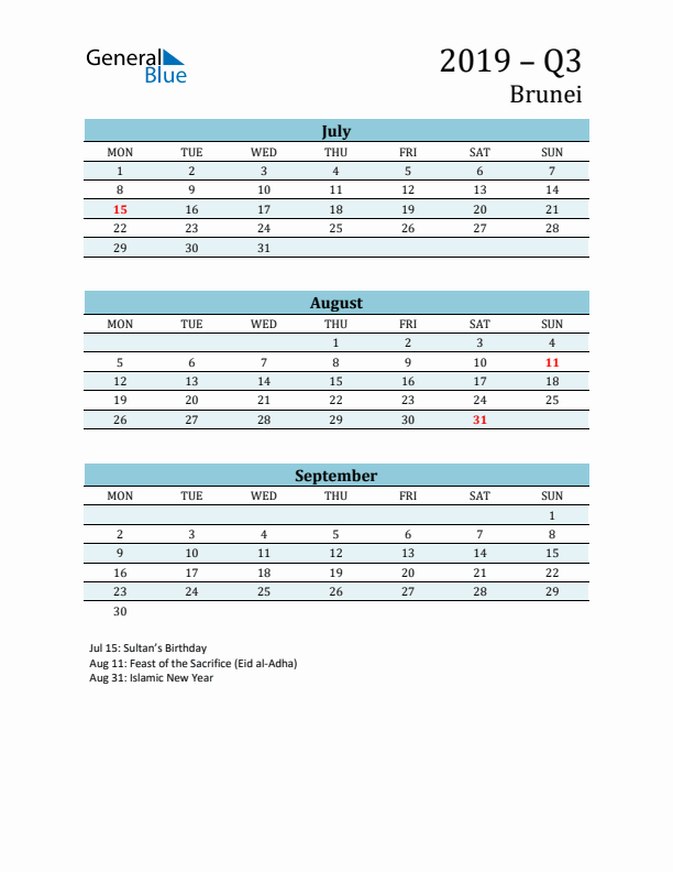 Three-Month Planner for Q3 2019 with Holidays - Brunei