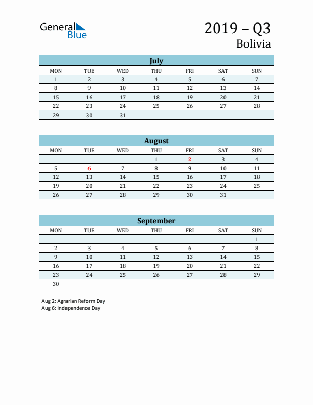 Three-Month Planner for Q3 2019 with Holidays - Bolivia