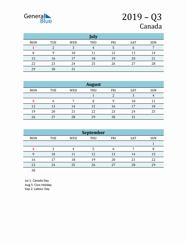 Three-Month Planner for Q3 2019 with Holidays - Canada