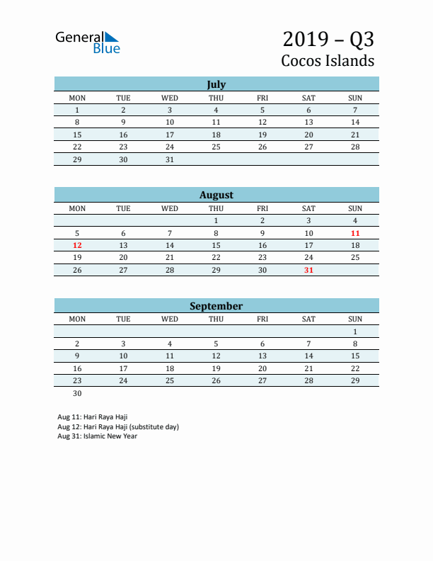 Three-Month Planner for Q3 2019 with Holidays - Cocos Islands