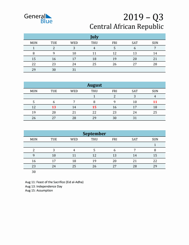 Three-Month Planner for Q3 2019 with Holidays - Central African Republic