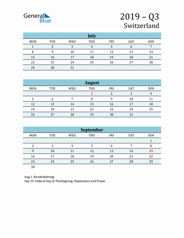 Three-Month Planner for Q3 2019 with Holidays - Switzerland