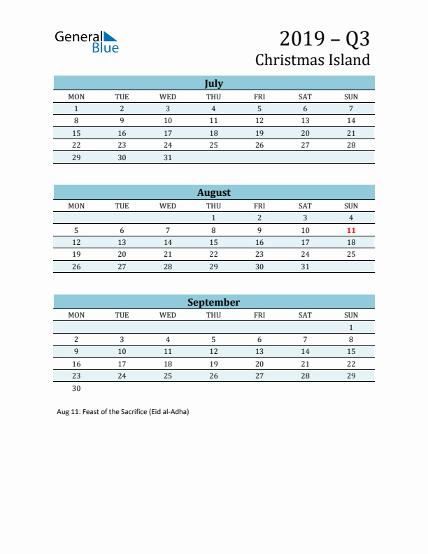 Three-Month Planner for Q3 2019 with Holidays - Christmas Island