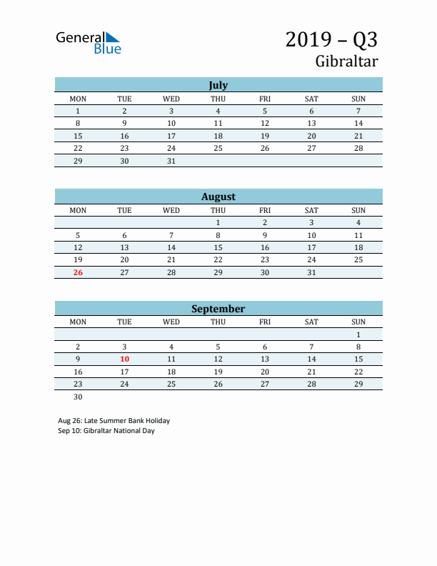 Three-Month Planner for Q3 2019 with Holidays - Gibraltar