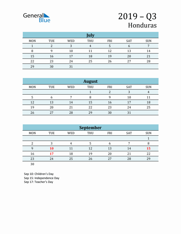 Three-Month Planner for Q3 2019 with Holidays - Honduras