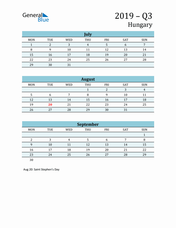 Three-Month Planner for Q3 2019 with Holidays - Hungary