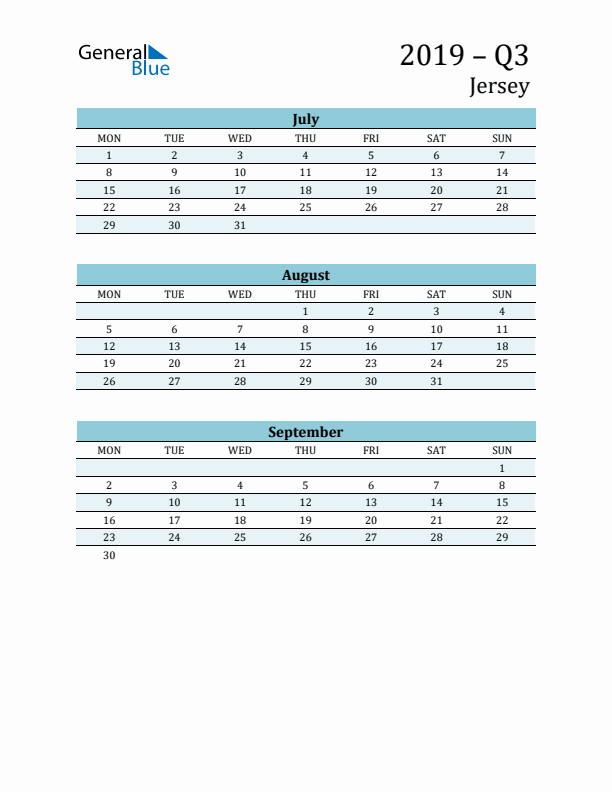 Three-Month Planner for Q3 2019 with Holidays - Jersey