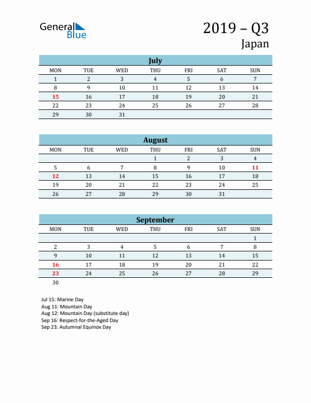 Three-Month Planner for Q3 2019 with Holidays - Japan