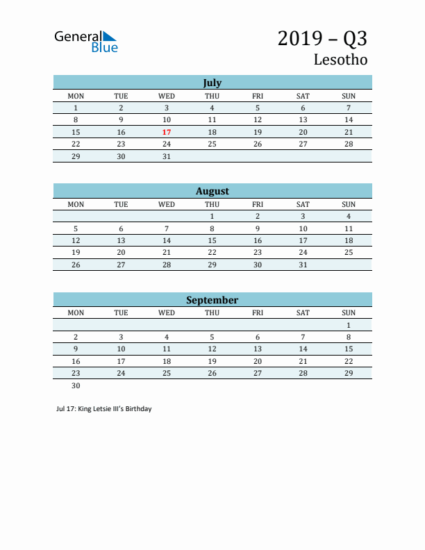 Three-Month Planner for Q3 2019 with Holidays - Lesotho