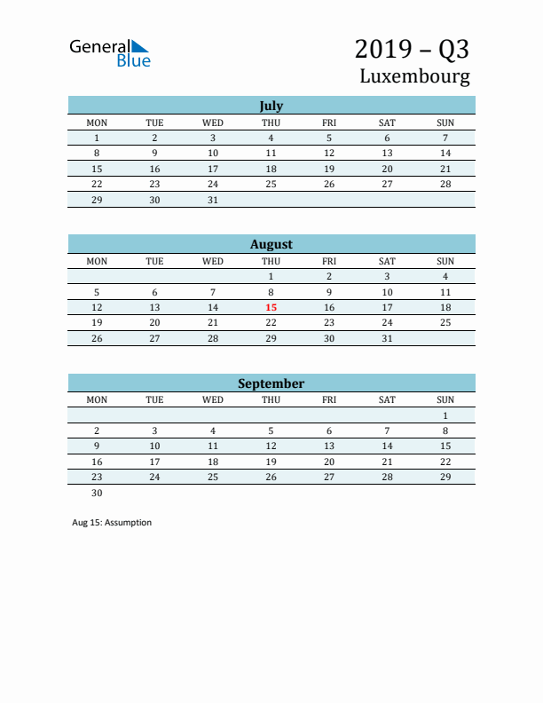 Three-Month Planner for Q3 2019 with Holidays - Luxembourg