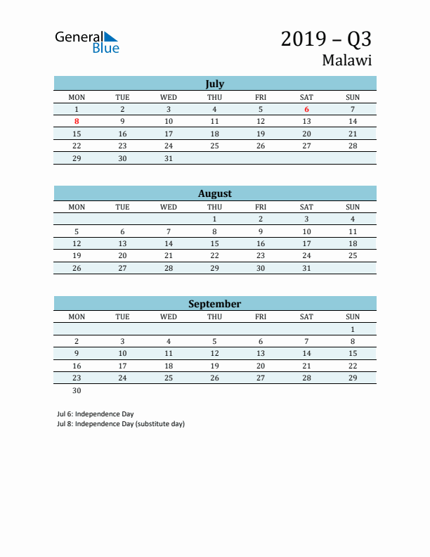 Three-Month Planner for Q3 2019 with Holidays - Malawi