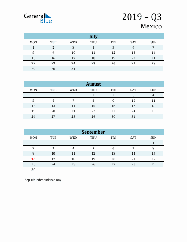 Three-Month Planner for Q3 2019 with Holidays - Mexico