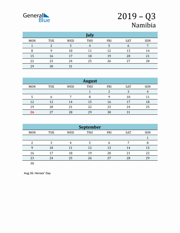 Three-Month Planner for Q3 2019 with Holidays - Namibia