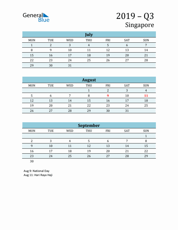 Three-Month Planner for Q3 2019 with Holidays - Singapore