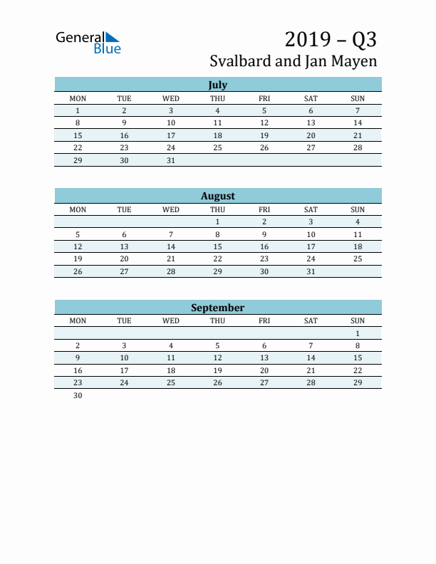 Three-Month Planner for Q3 2019 with Holidays - Svalbard and Jan Mayen