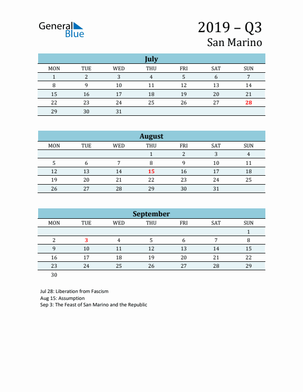 Three-Month Planner for Q3 2019 with Holidays - San Marino